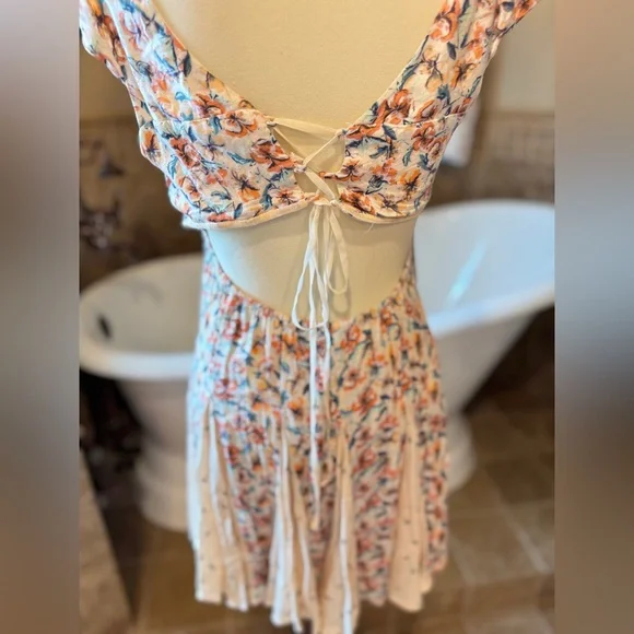 Free People Ponderosa Peach Orange Flirty Woven Floral Mini Dress medium - Picture 9 of 13